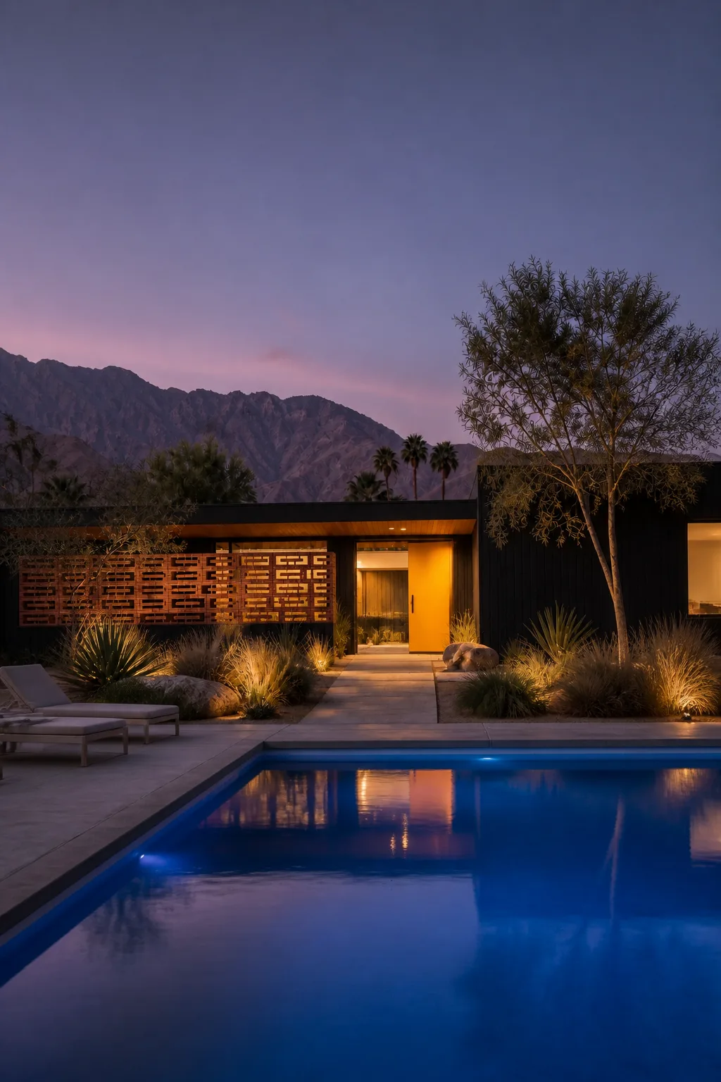 The black timber Palm Springs house glows at dusk beside a cobalt pool and violet mountains.