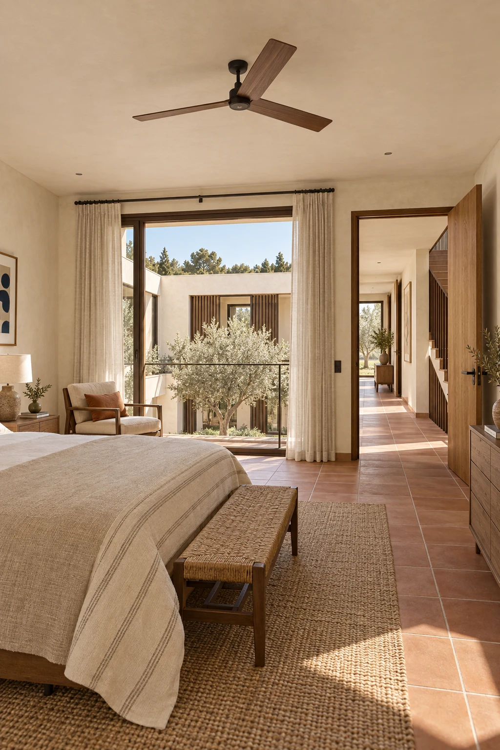 Third bedroom with timber furniture, soft textiles and Mediterranean garden light