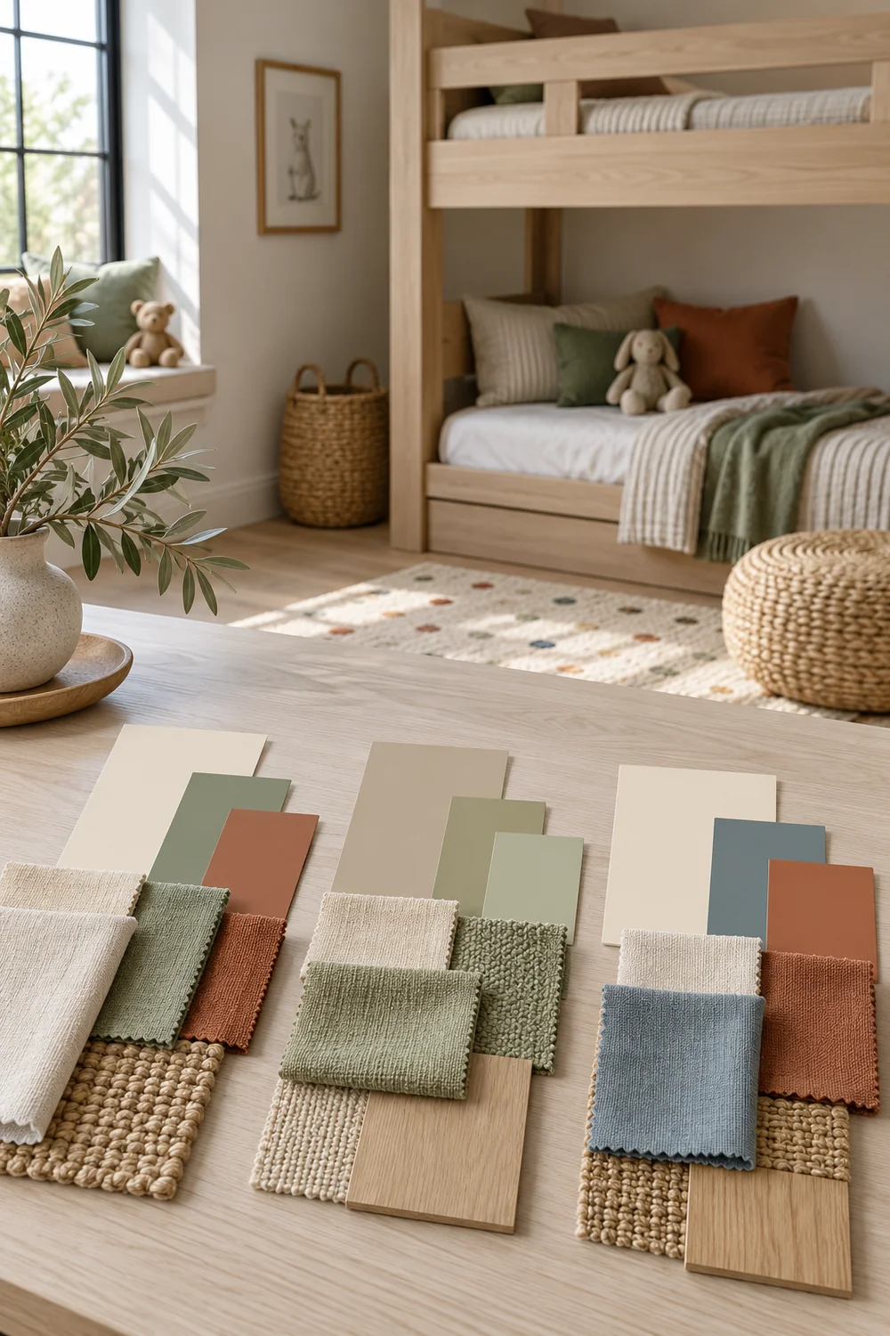 Three Japandi colour palettes with timber and fabric samples