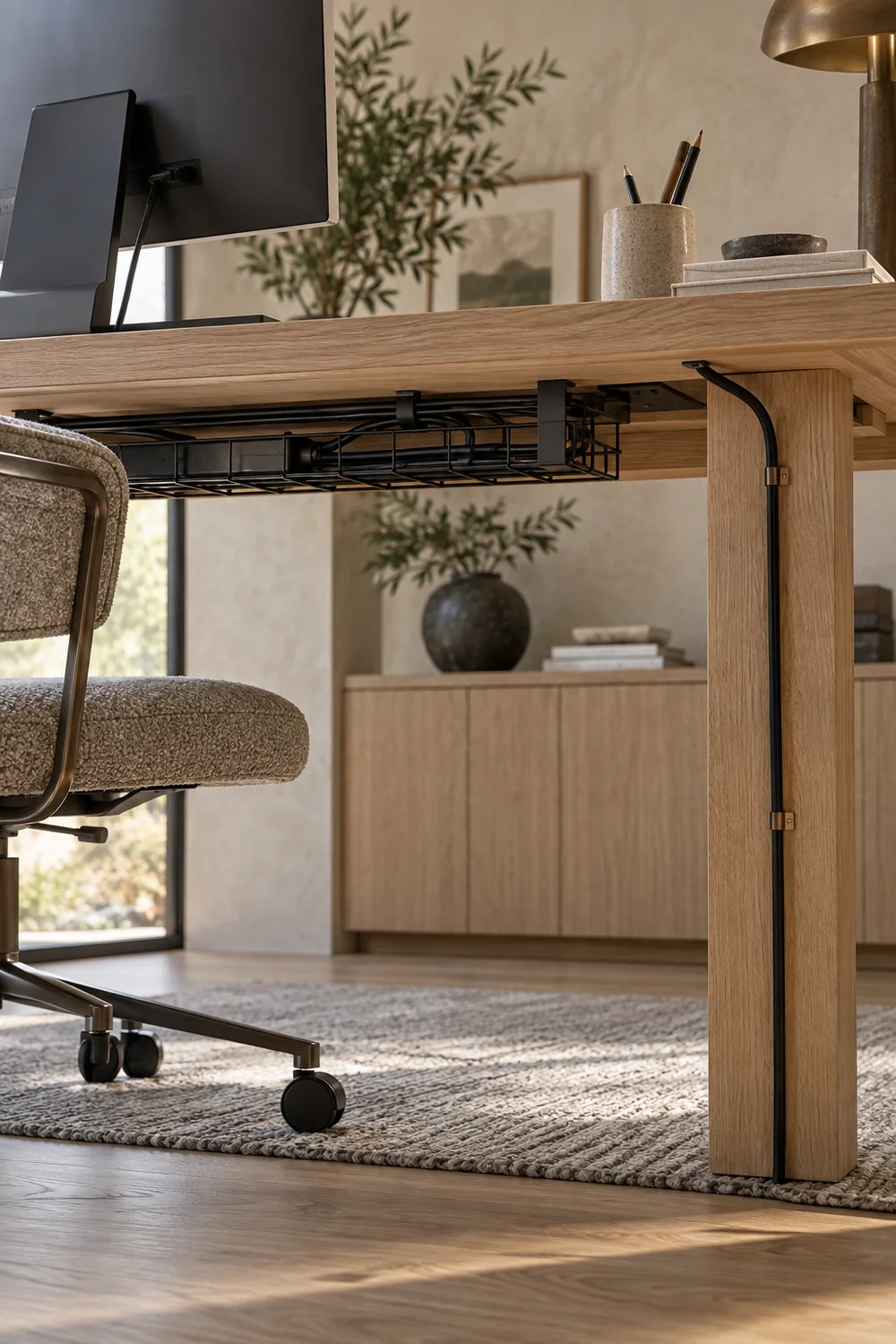 Tidy cable management beneath a pale oak Japandi desk