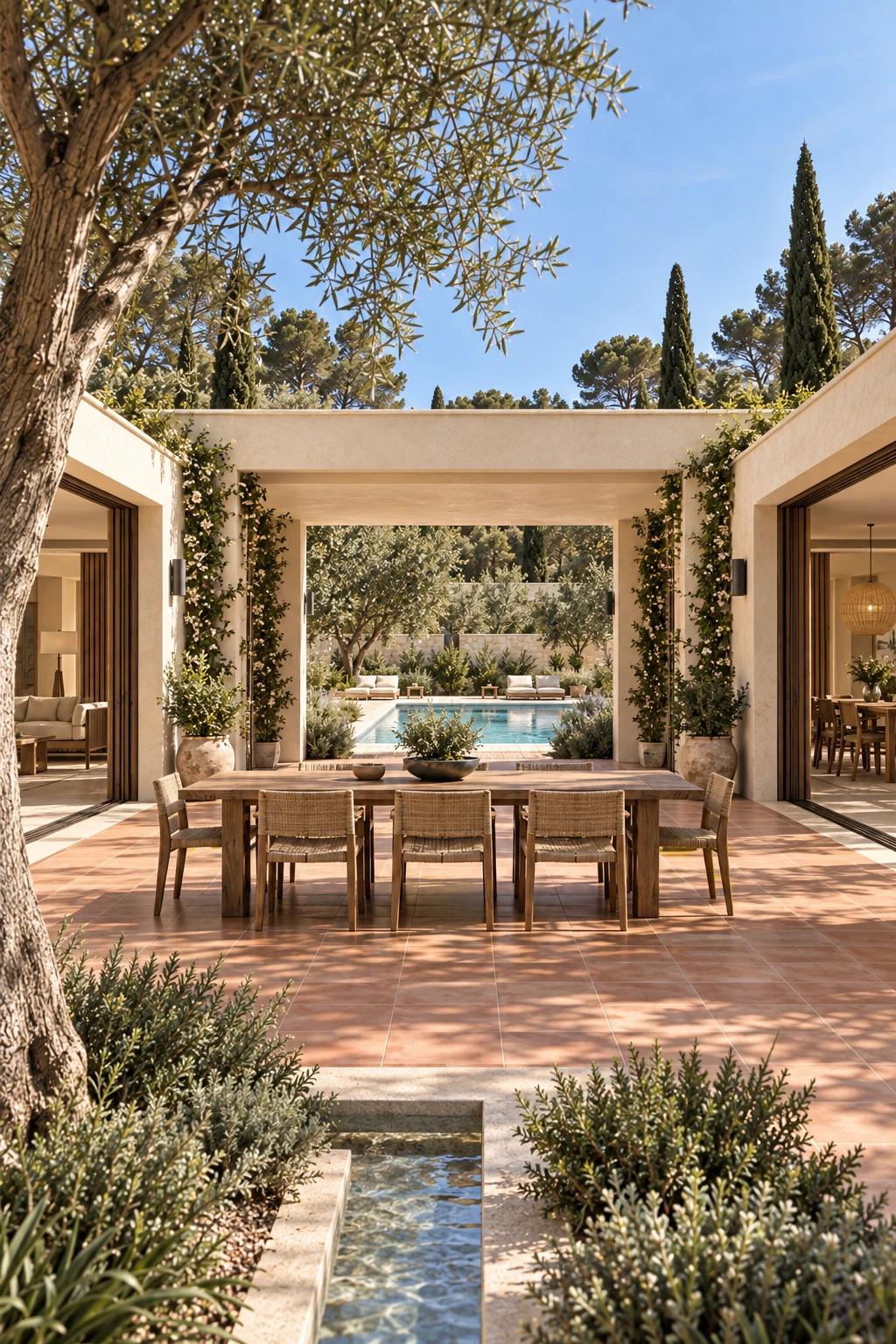 Timber dining pergola in the courtyard looking south toward the swimming pool