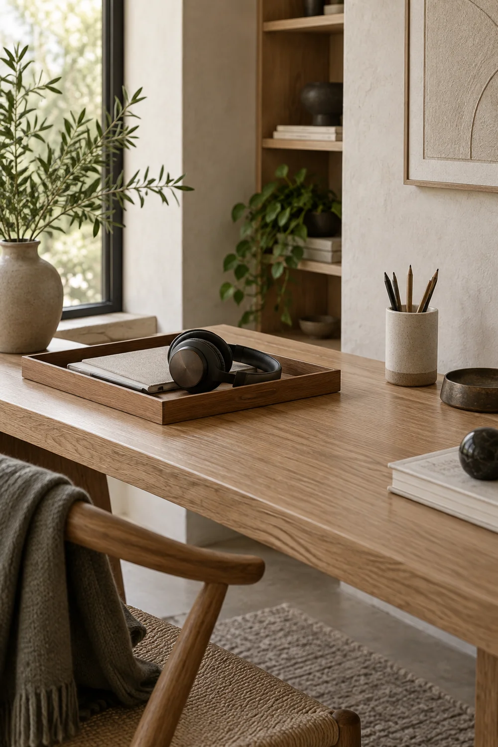 Timber tray and headphones creating a simple workspace reset point