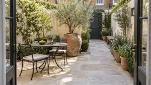 Townhouse courtyard with a small iron table, two chairs, a terracotta olive pot and a clear limestone path
