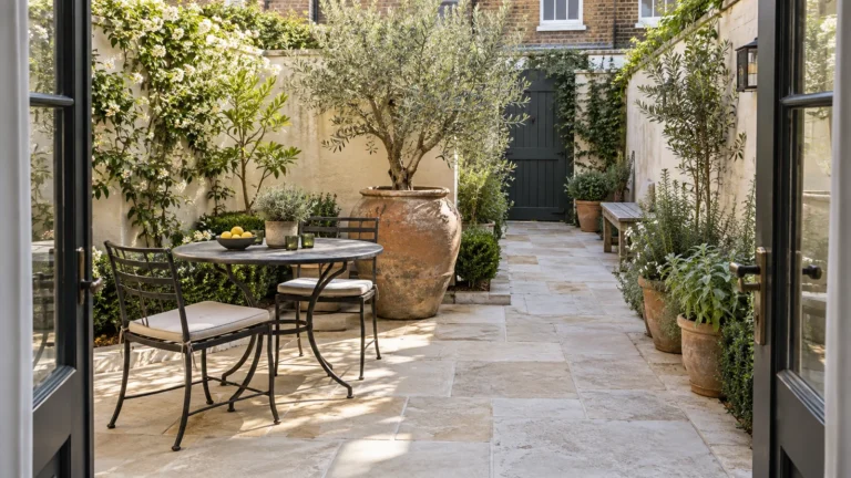 Townhouse courtyard with a small iron table, two chairs, a terracotta olive pot and a clear limestone path