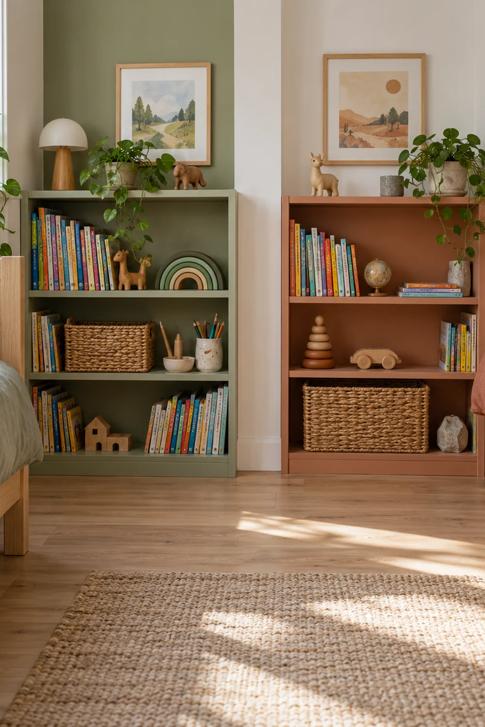 Two bedside book shelves give siblings personal space