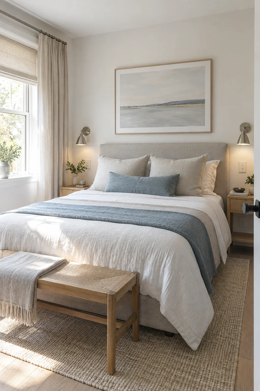 Two bedside lights around a compact bed in a bright room