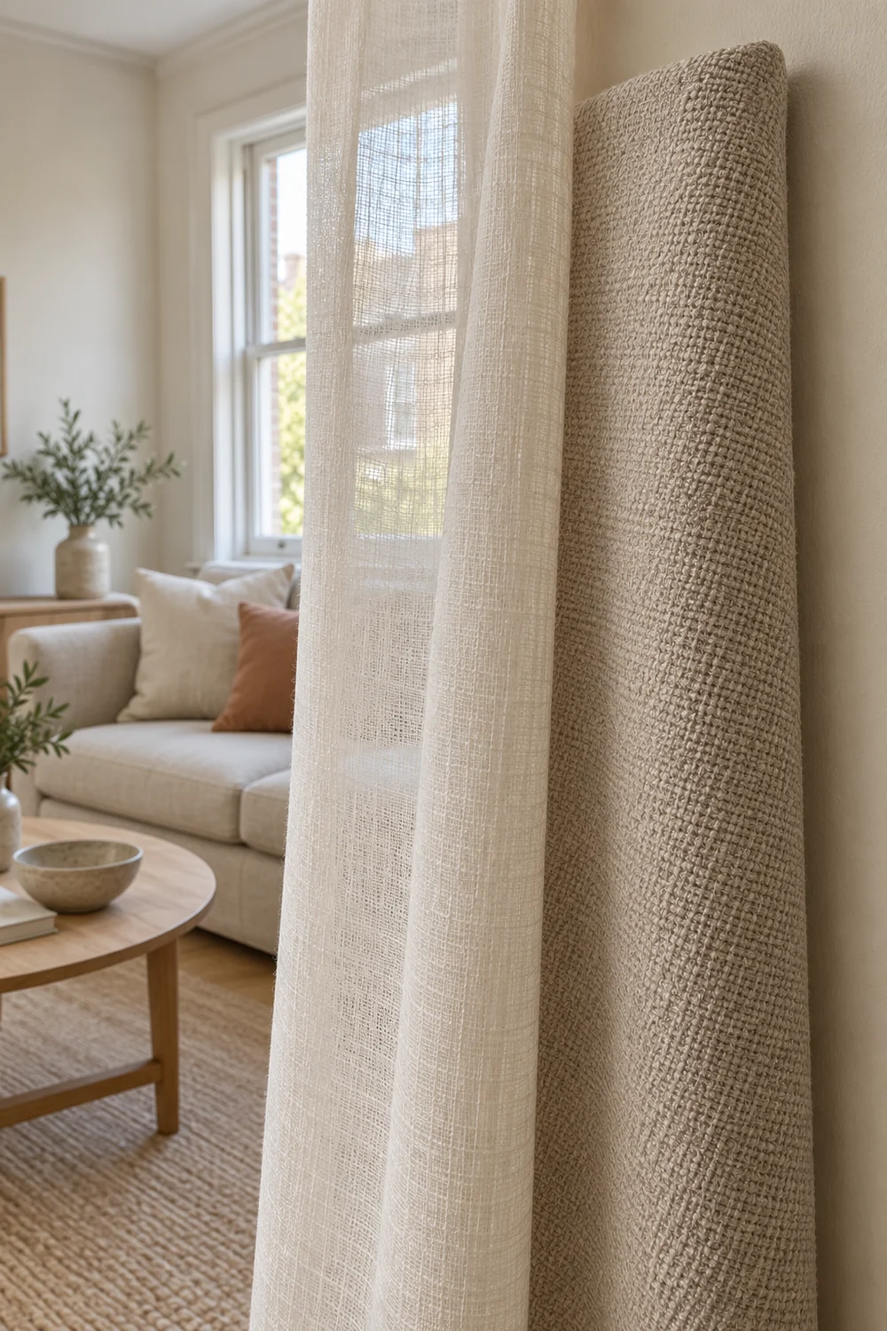 Two curtain fabric textures beside a rental window