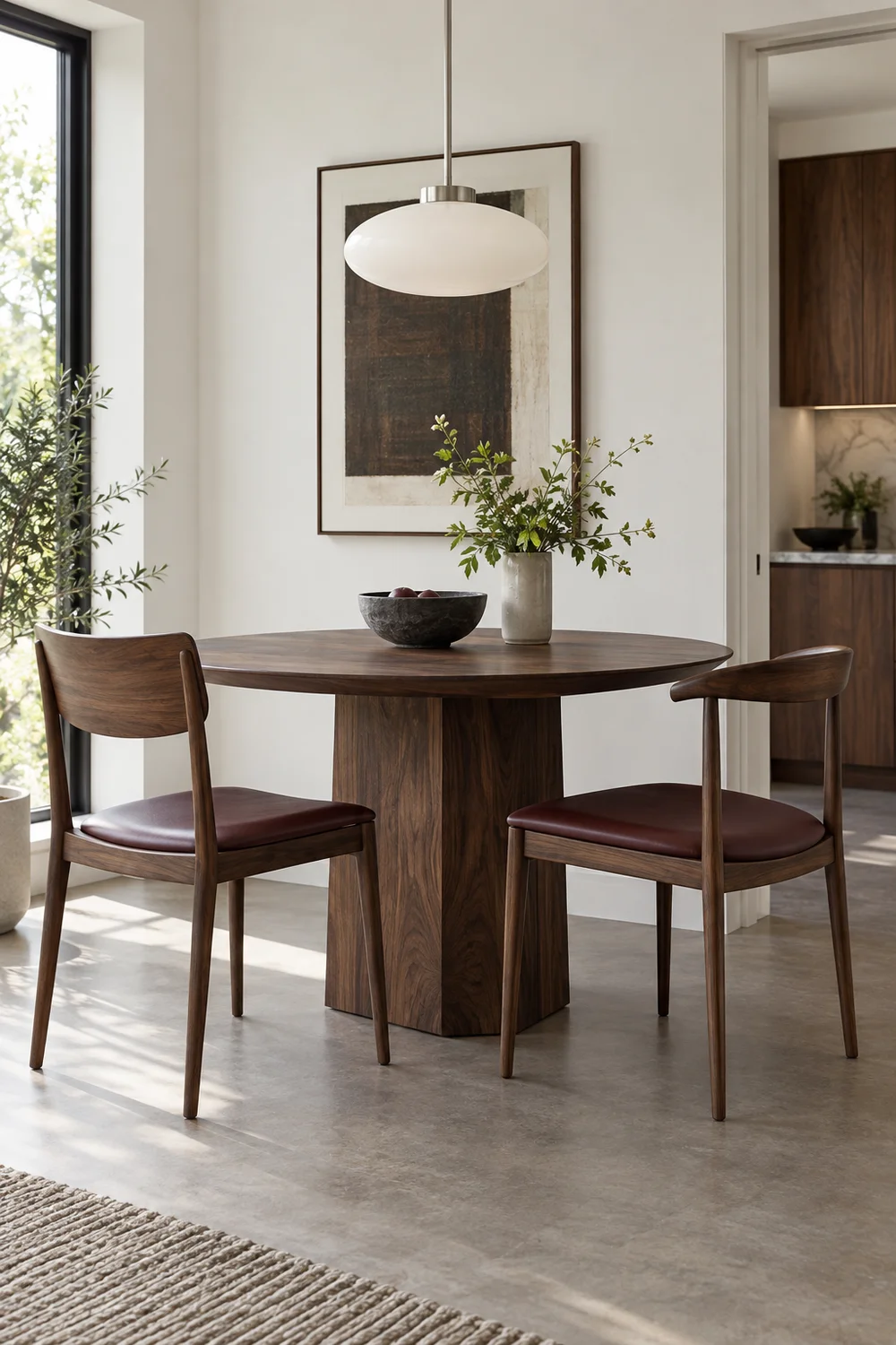 Two different walnut chair shapes with oxblood seat pads at a round table