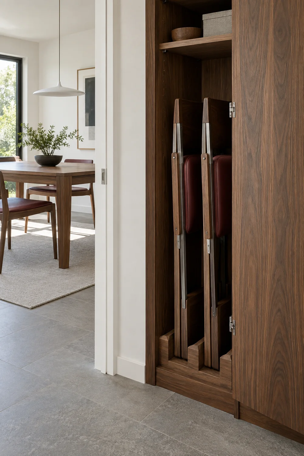 Two folded walnut dining chairs stored upright inside an open cupboard