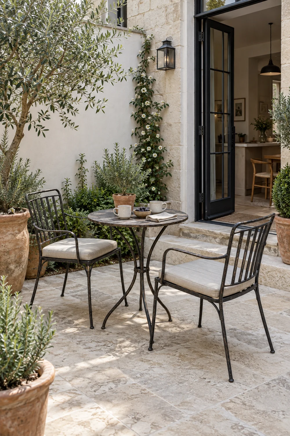 Two iron chairs and a small table beside an open townhouse doorway