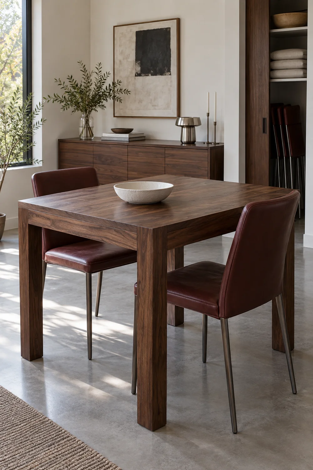 Two oxblood chairs at a short walnut table with folded spare chairs in a cupboard