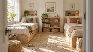 Two pale ash beds with sage and clay accents in a shared Japandi bedroom