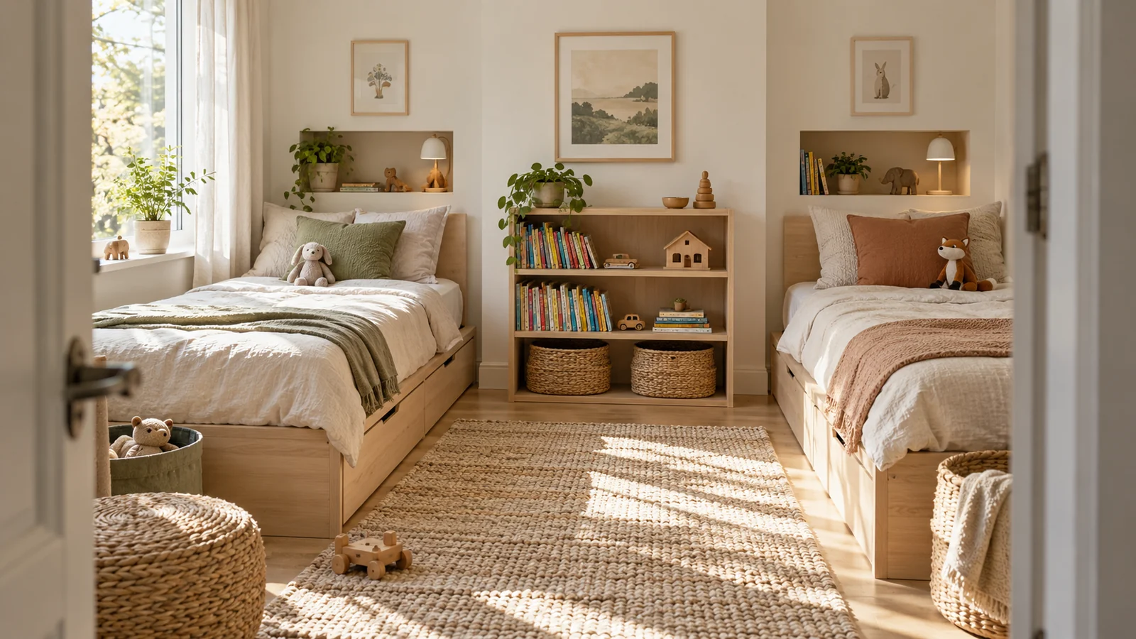 Two pale ash beds with sage and clay accents in a shared Japandi bedroom