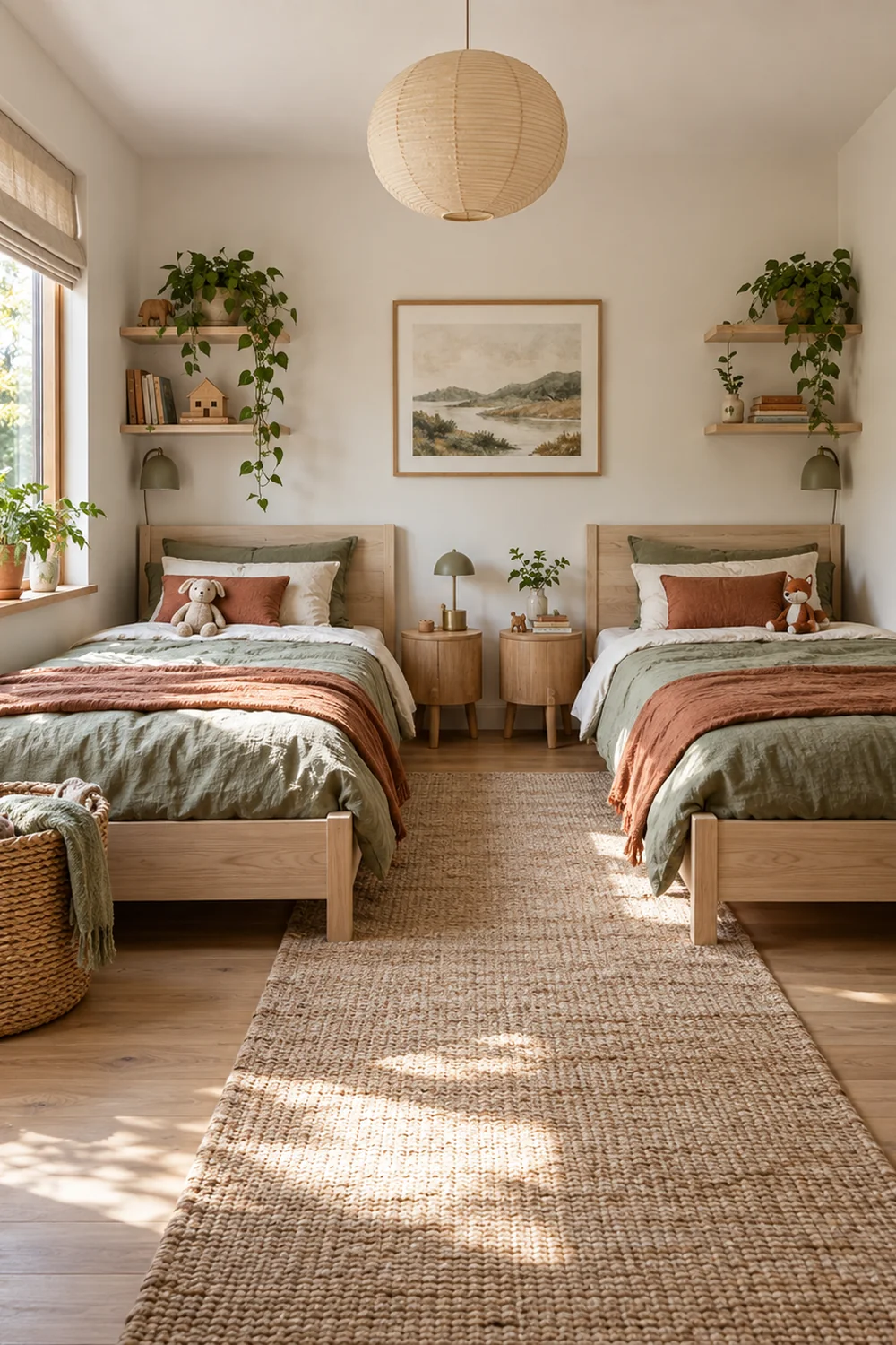 Two pale ash single beds leave a clear bedroom walkway
