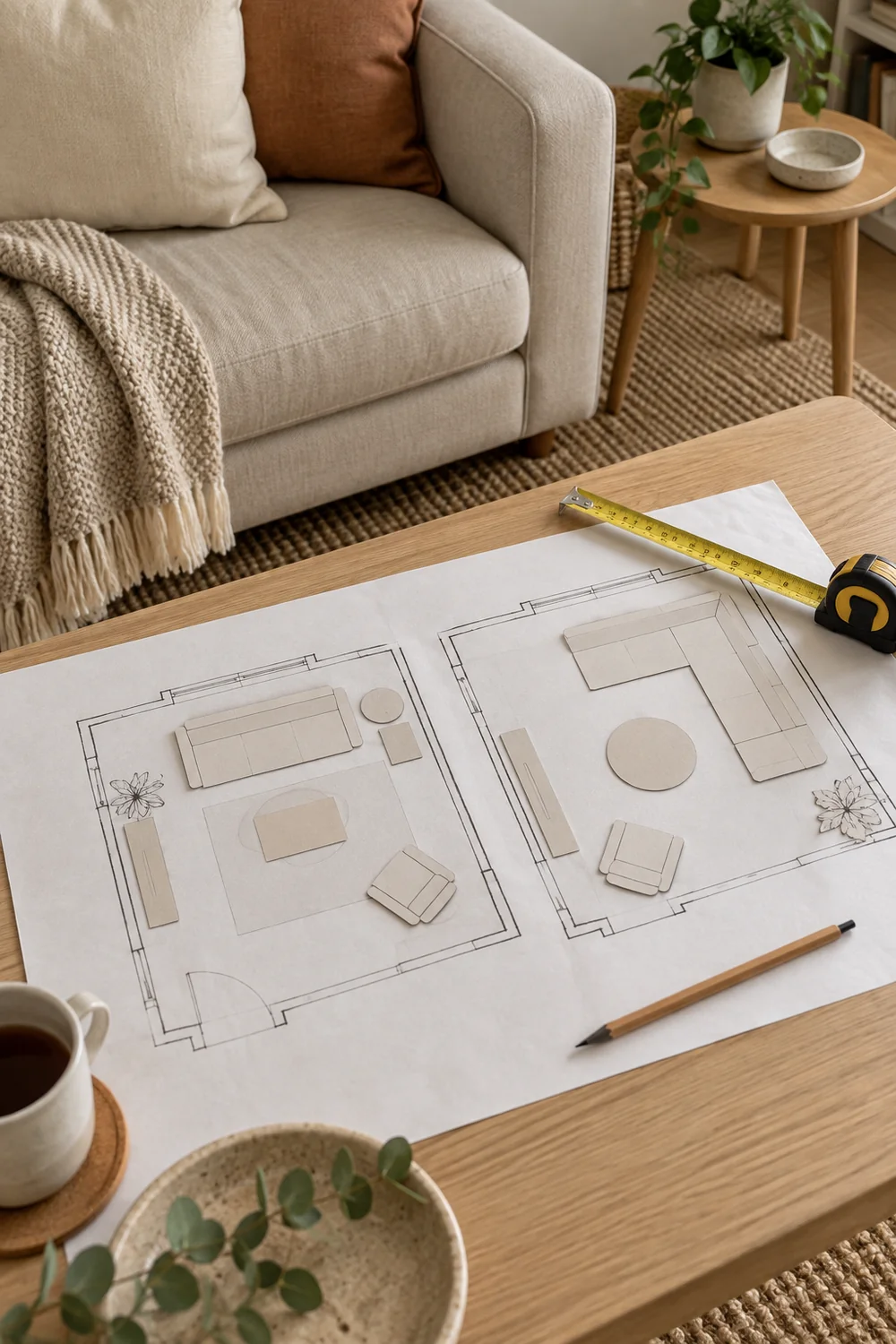 Two paper living room layout options on a table