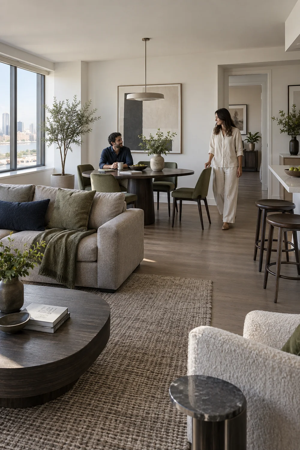 Two people in a shared living and dining room with a clear route past the table
