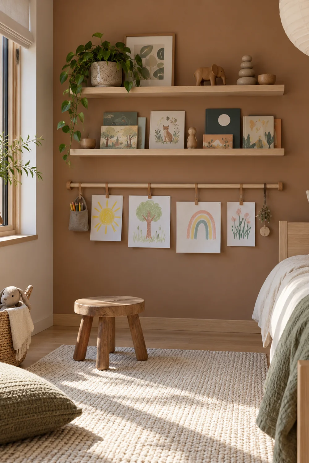 Two personal display shelves hold books and drawings