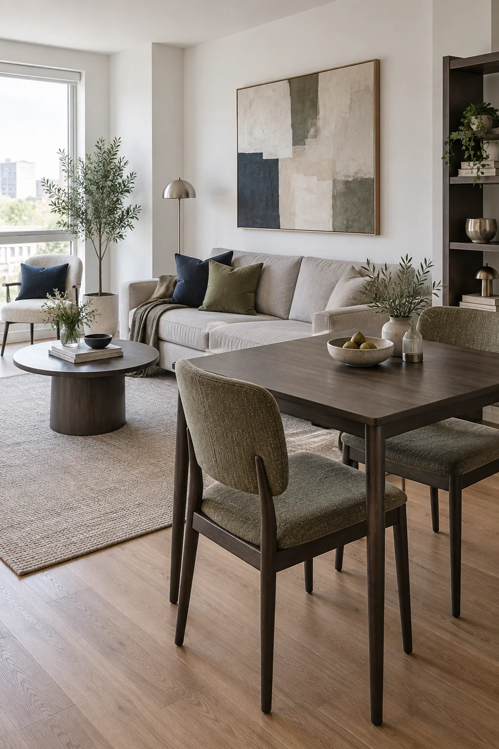 Two seat dining table with an occasional chair near the apartment window