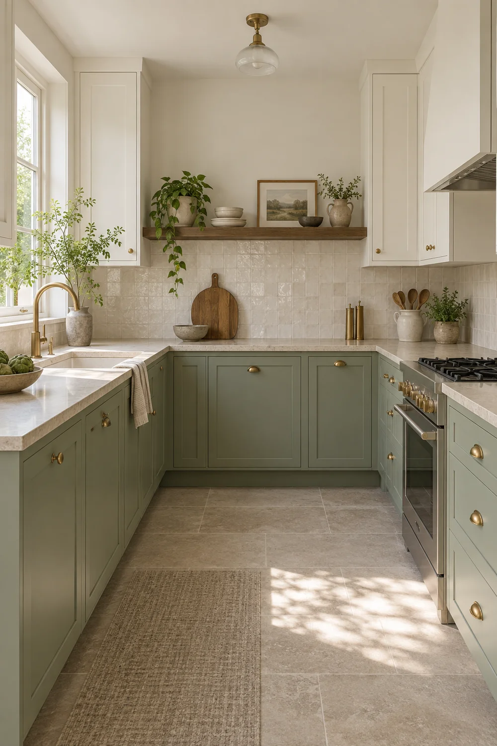 Two tone small kitchen with sage base cabinets and warm white wall cabinets