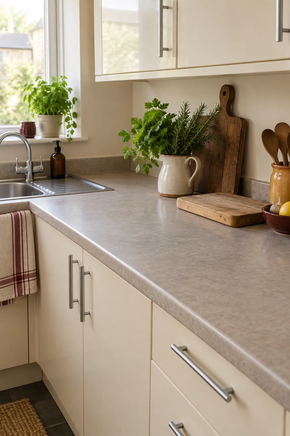 Uncluttered rental kitchen worktop with a movable chopping board