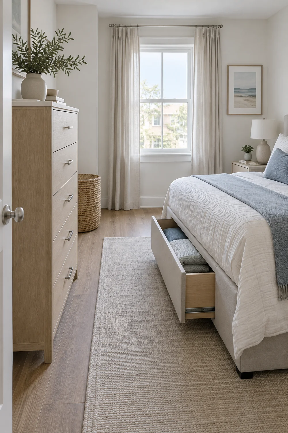Under bed storage drawer open beside a clear bedroom route