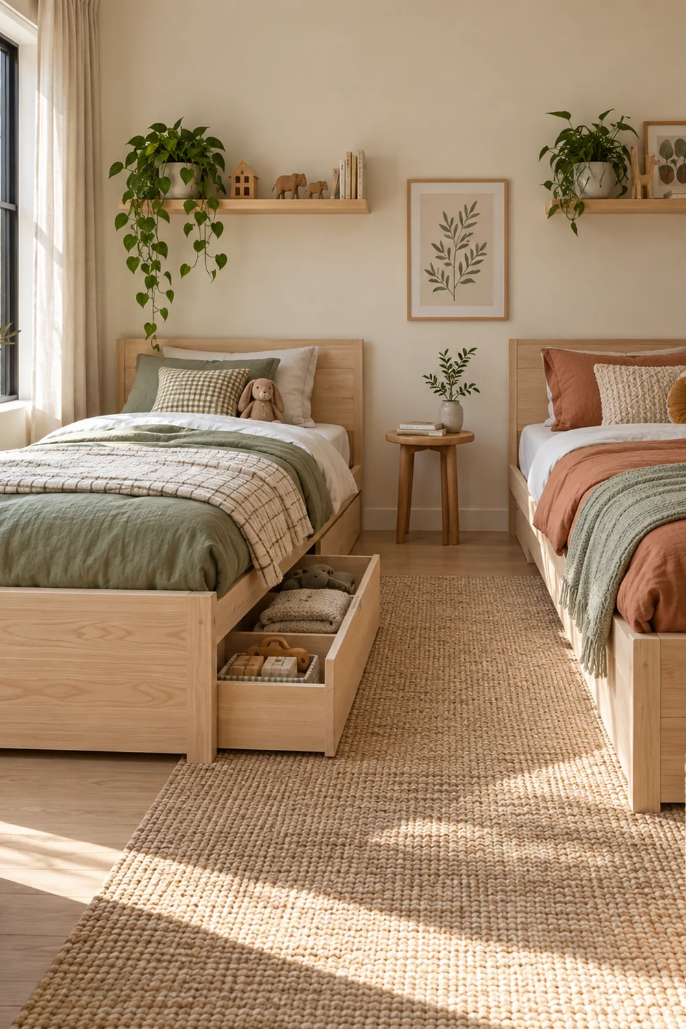 Underbed drawer opens into clear aisle between two beds
