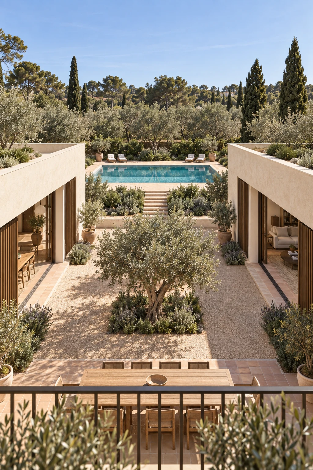Upper gallery view across the olive courtyard toward the pool and south garden