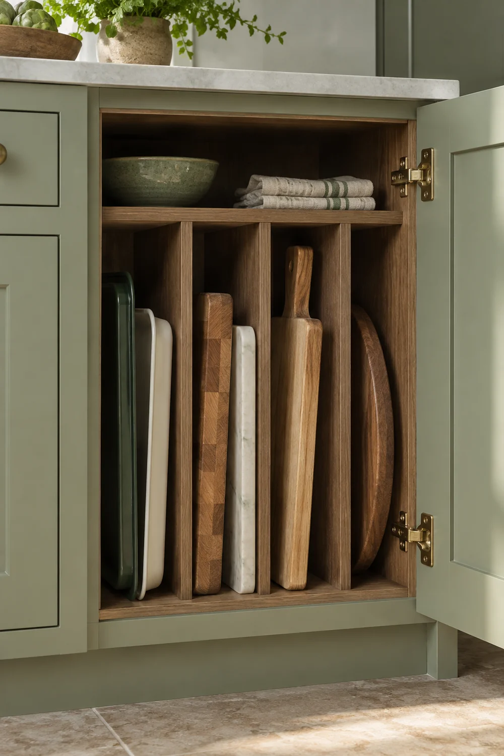 Vertical tray storage inside a light sage green kitchen cabinet
