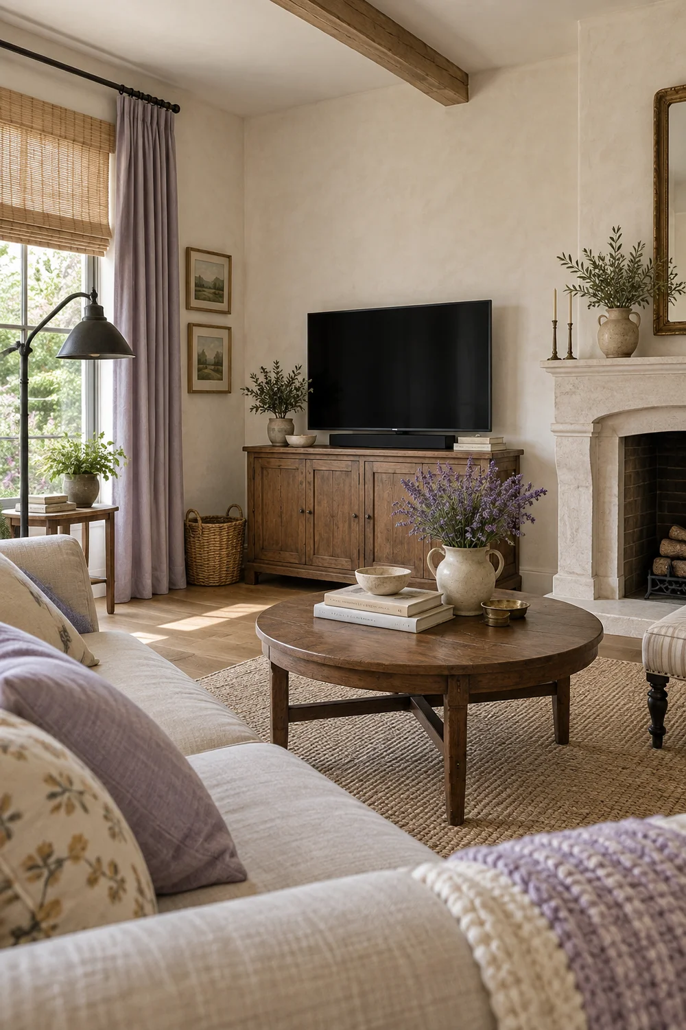 View from a linen sofa toward a television beside a French country fireplace