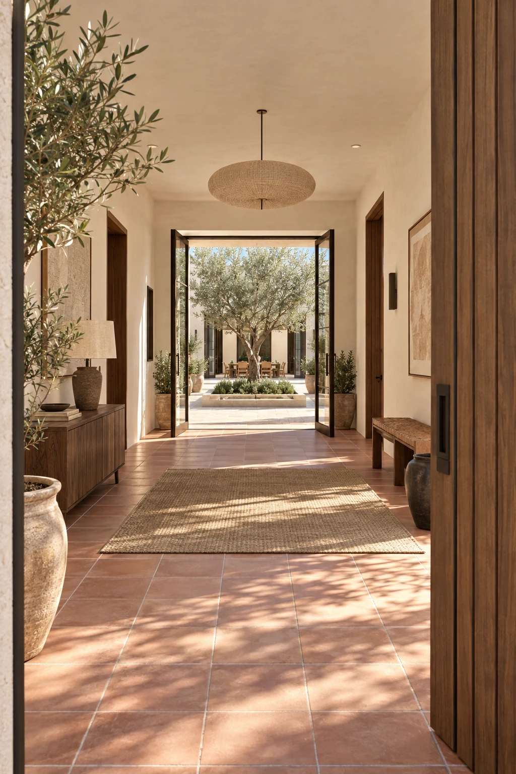 View through the open timber entrance gate toward the shaded foyer and courtyard olive tree