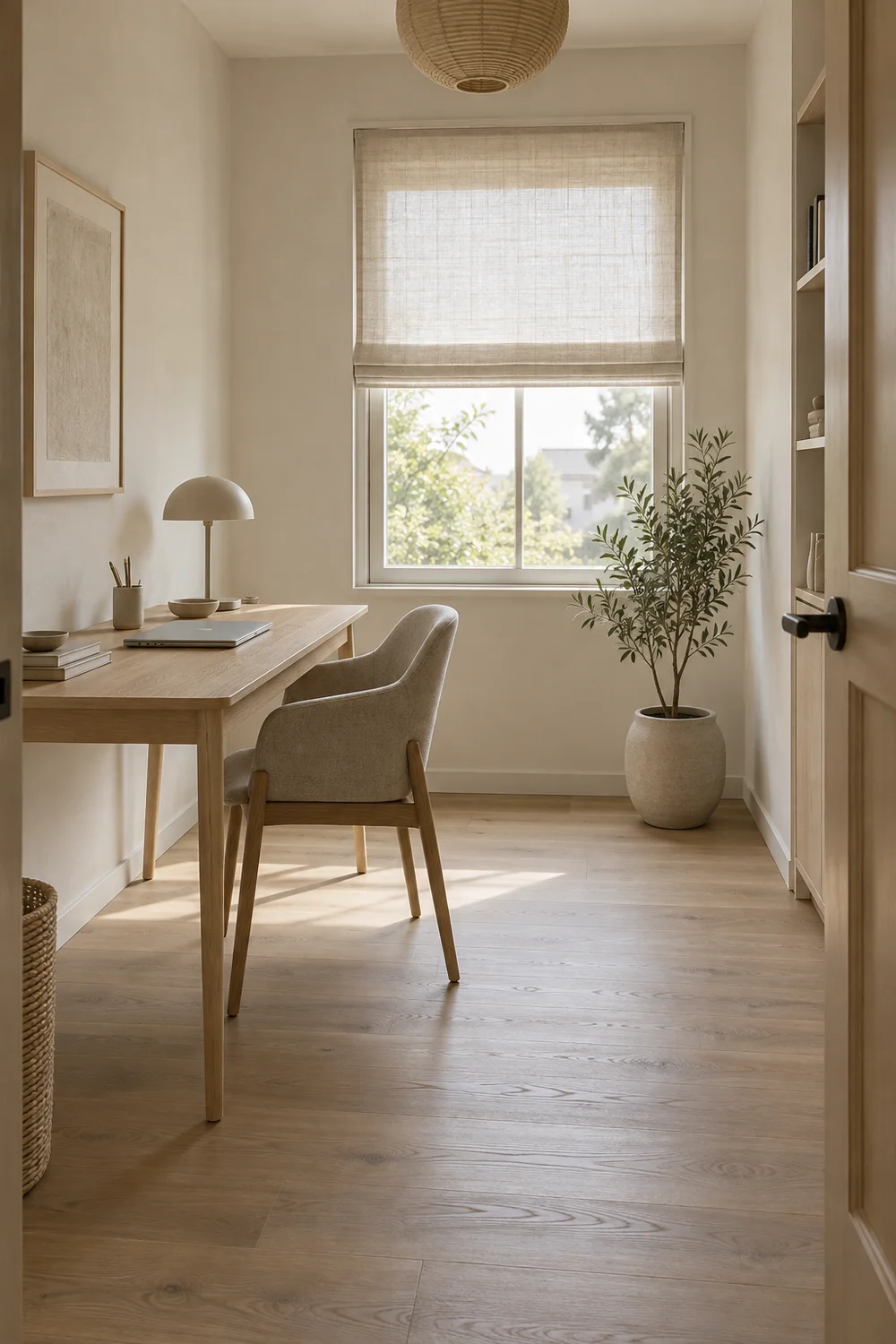 Visually light Japandi desk in a compact home office