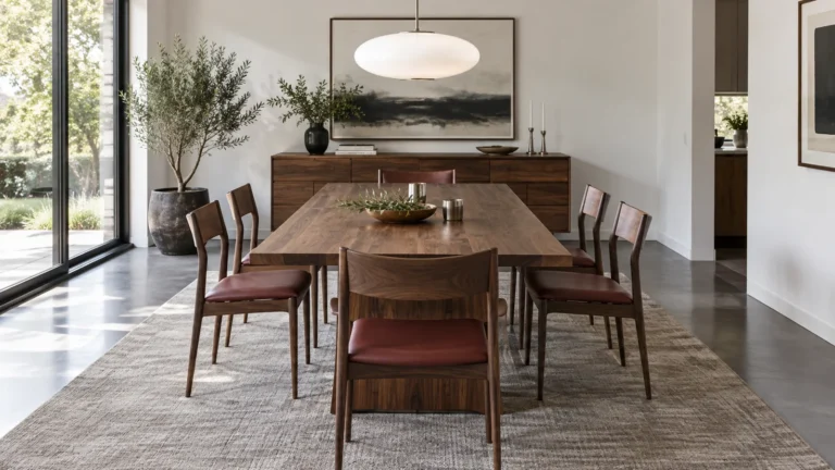Walnut dining table with six oxblood padded chairs beneath an opal pendant