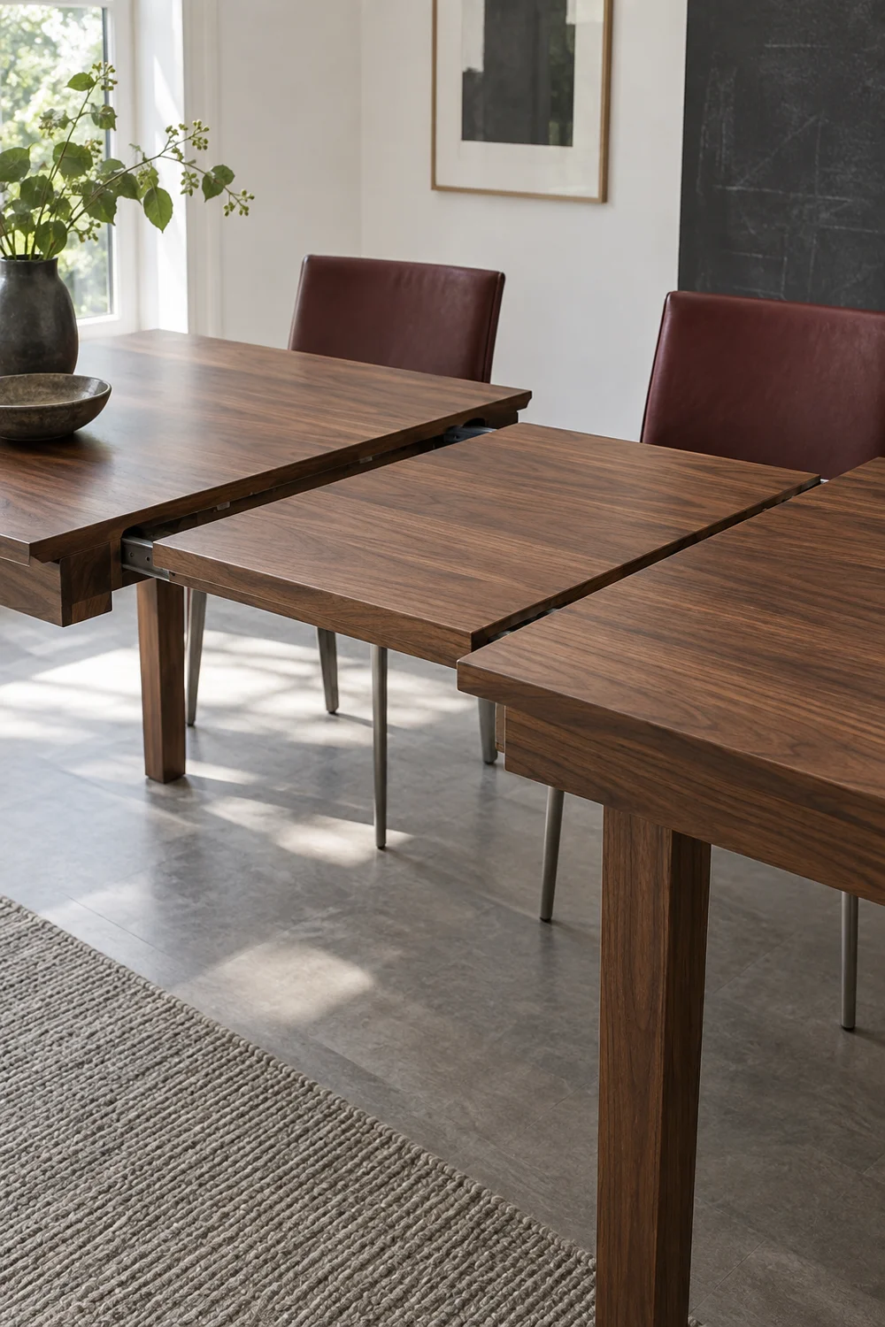 Walnut extension table partly open with an insert leaf resting on metal rails