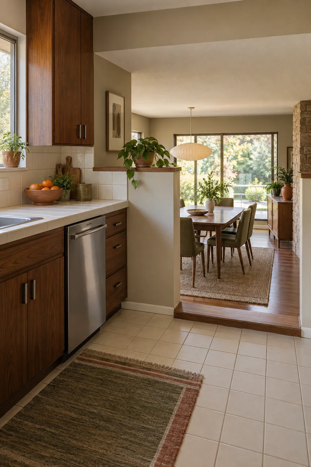 Walnut kitchen and lower dining room divided by a partial wall