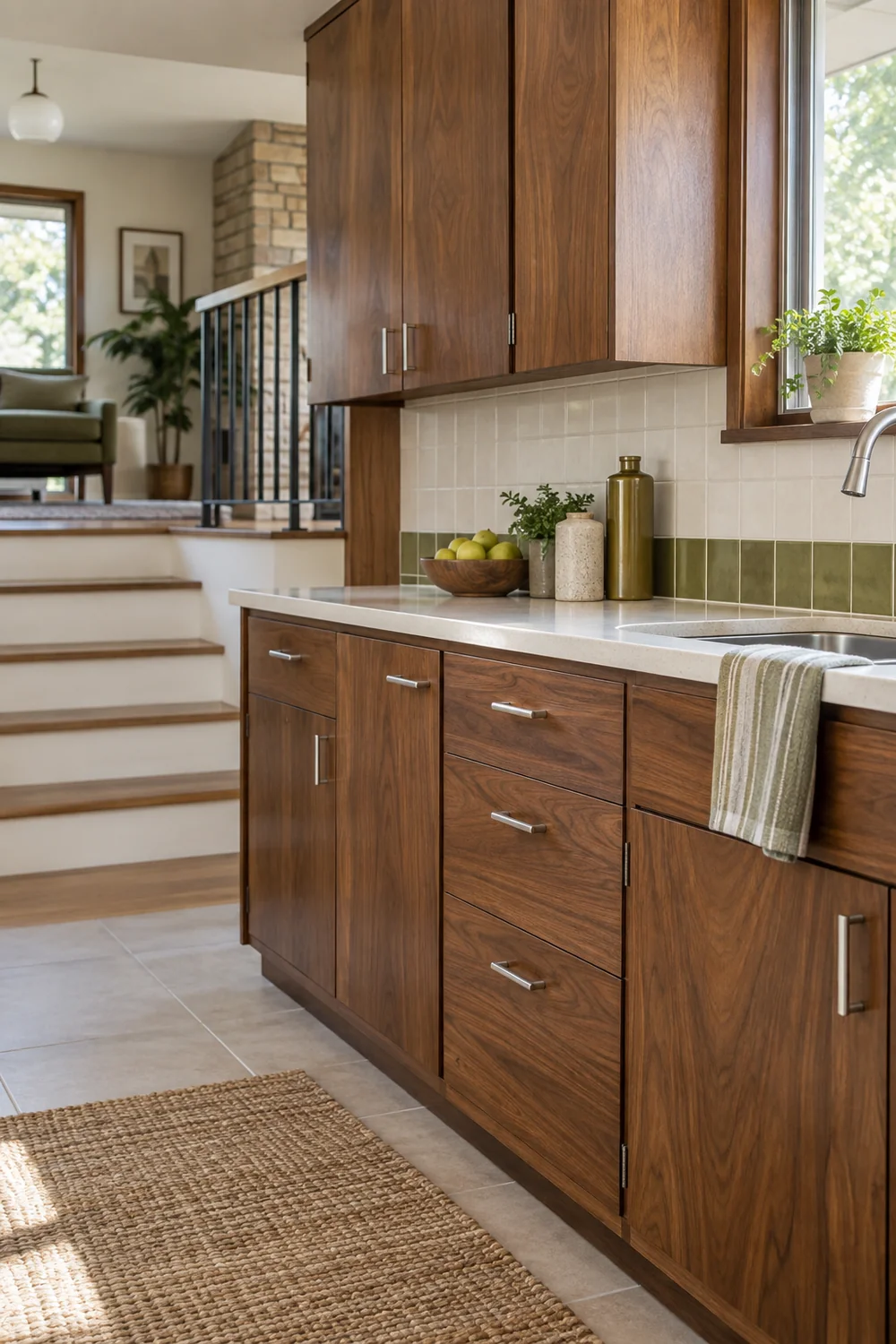 Walnut kitchen cabinets with cream and olive tiles near a raised living room