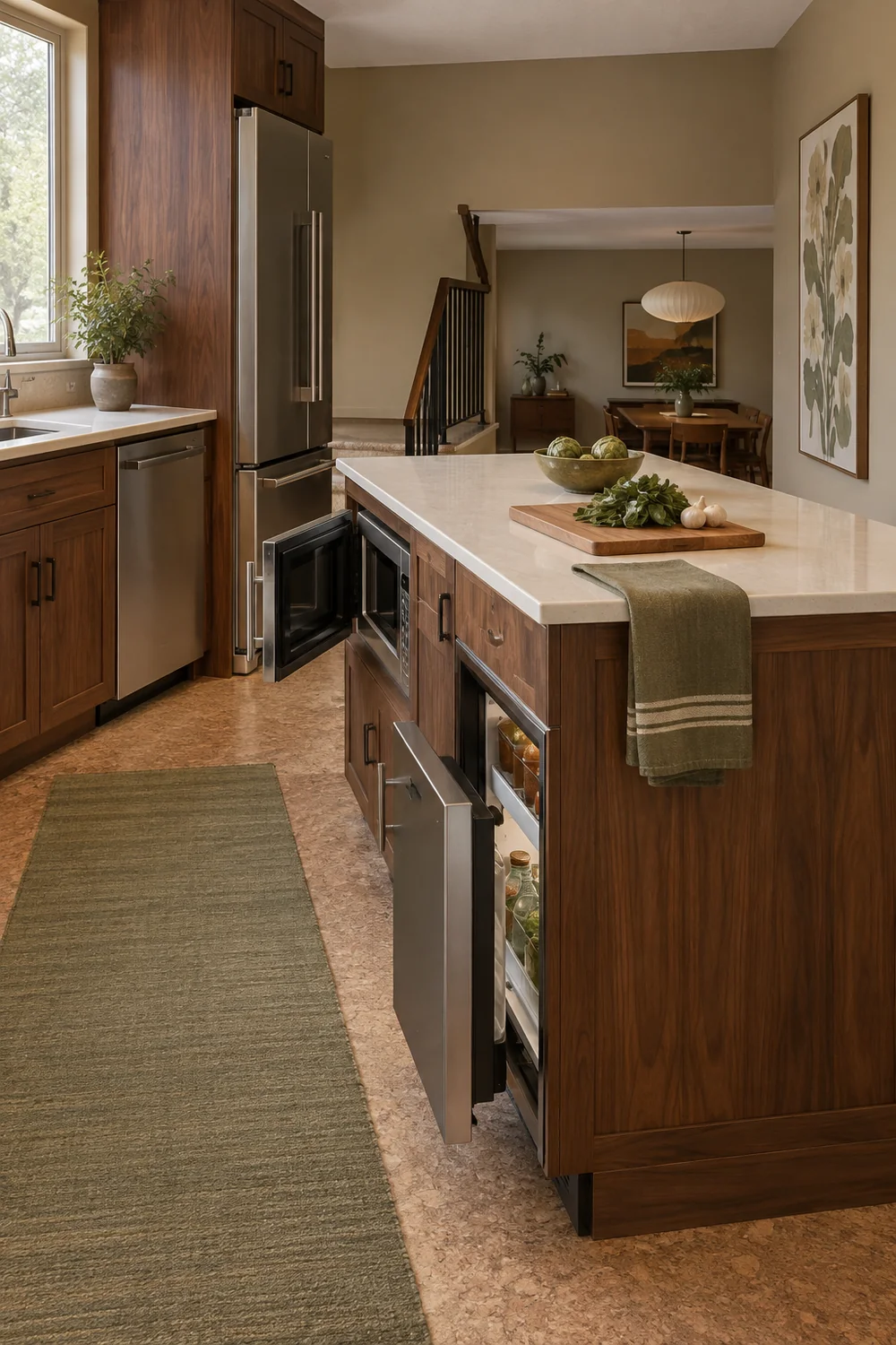 Walnut kitchen island with open appliance doors beside a dining level
