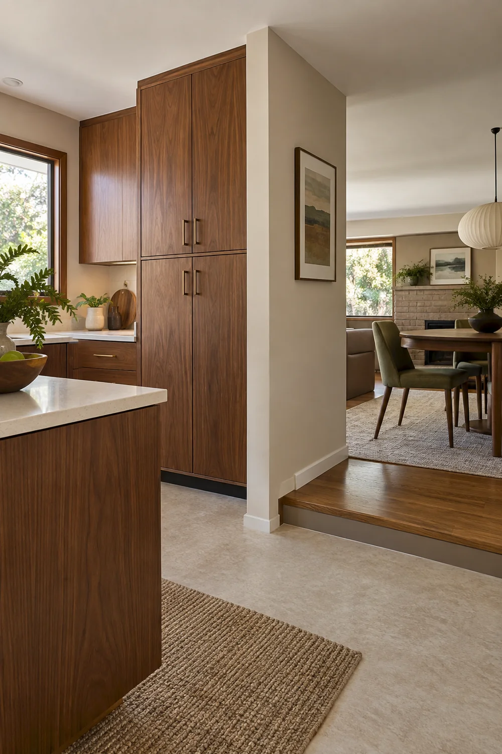 Walnut kitchen storage wall beside a step to a dining room