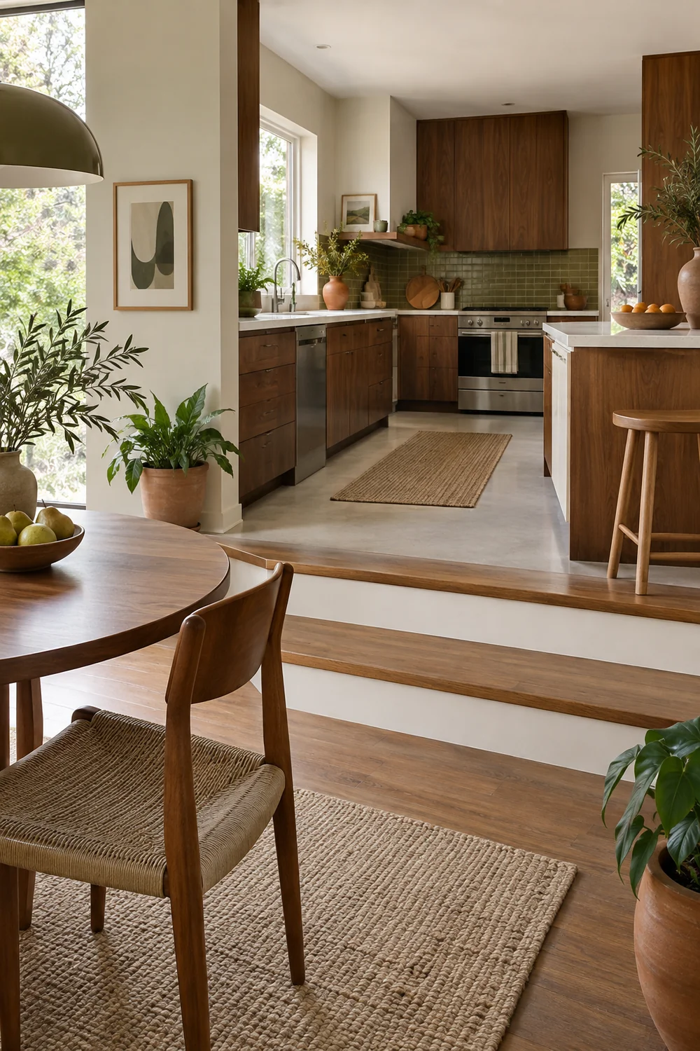 Walnut kitchen viewed from a lower dining room across three timber steps