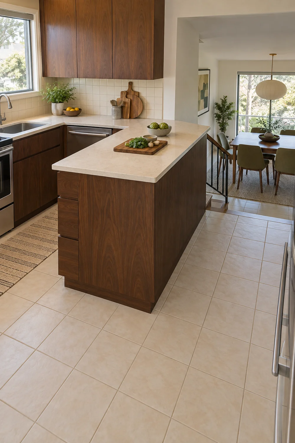 Walnut peninsula beside the route to a lower dining room