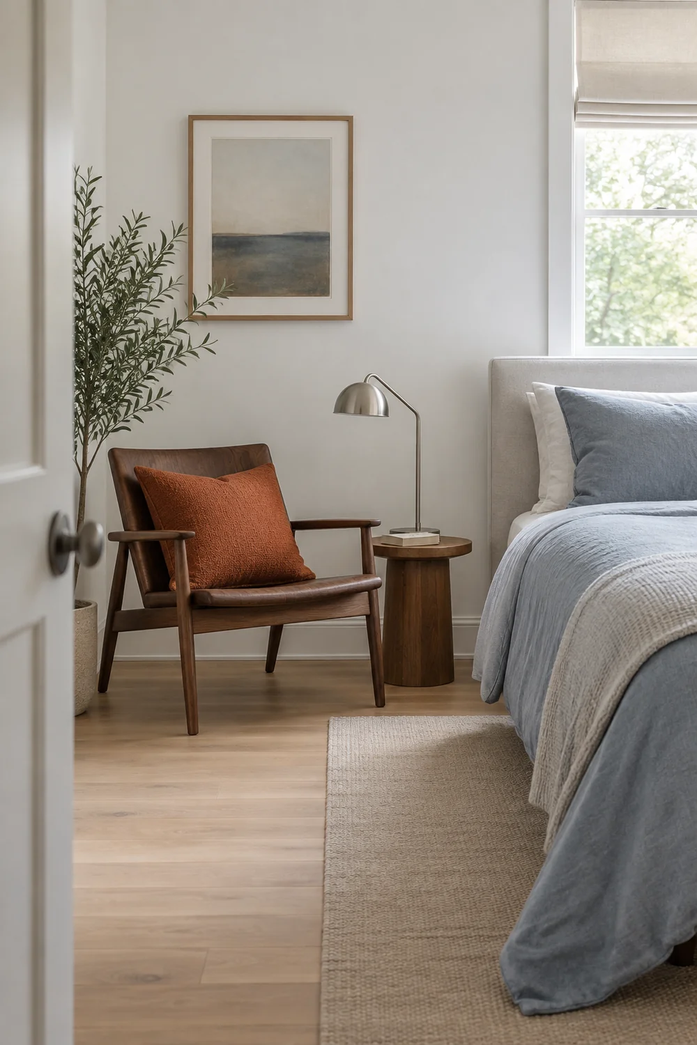 Walnut reading chair with a rust cushion beside soft blue grey bedding