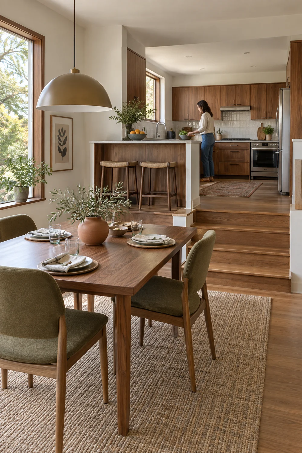 Walnut split level kitchen with a peninsula above a set dining table