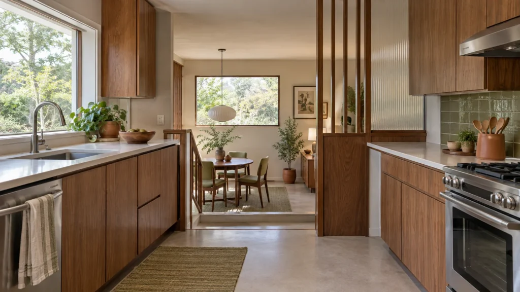 Walnut split level kitchen with a visible step leading to a lower dining room