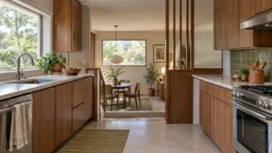 Walnut split level kitchen with a visible step leading to a lower dining room