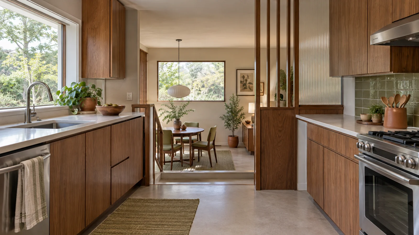 Walnut split level kitchen with a visible step leading to a lower dining room