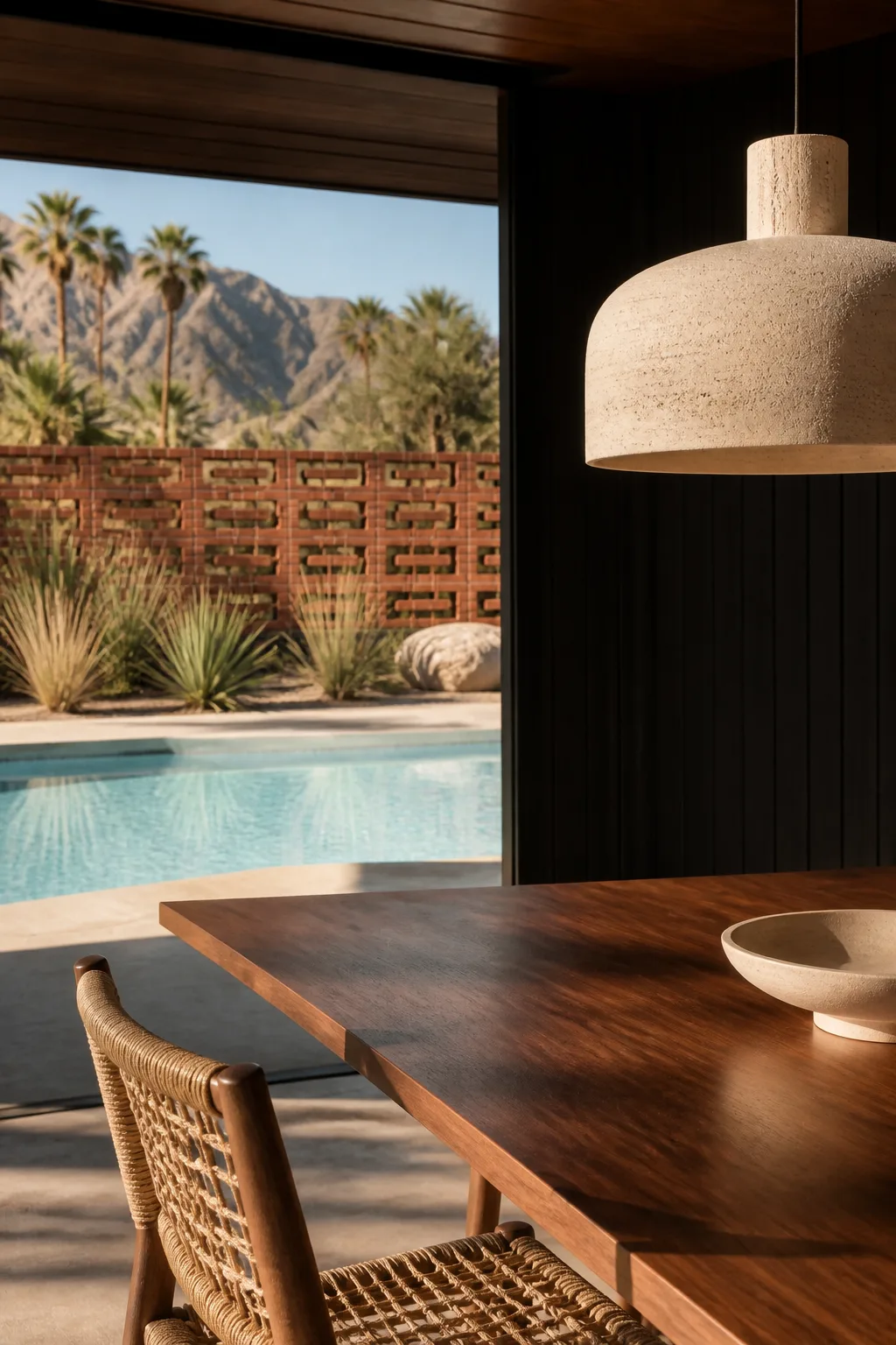 Walnut table, woven chair, travertine pendant and pool reflection in the Palm Springs dining room.