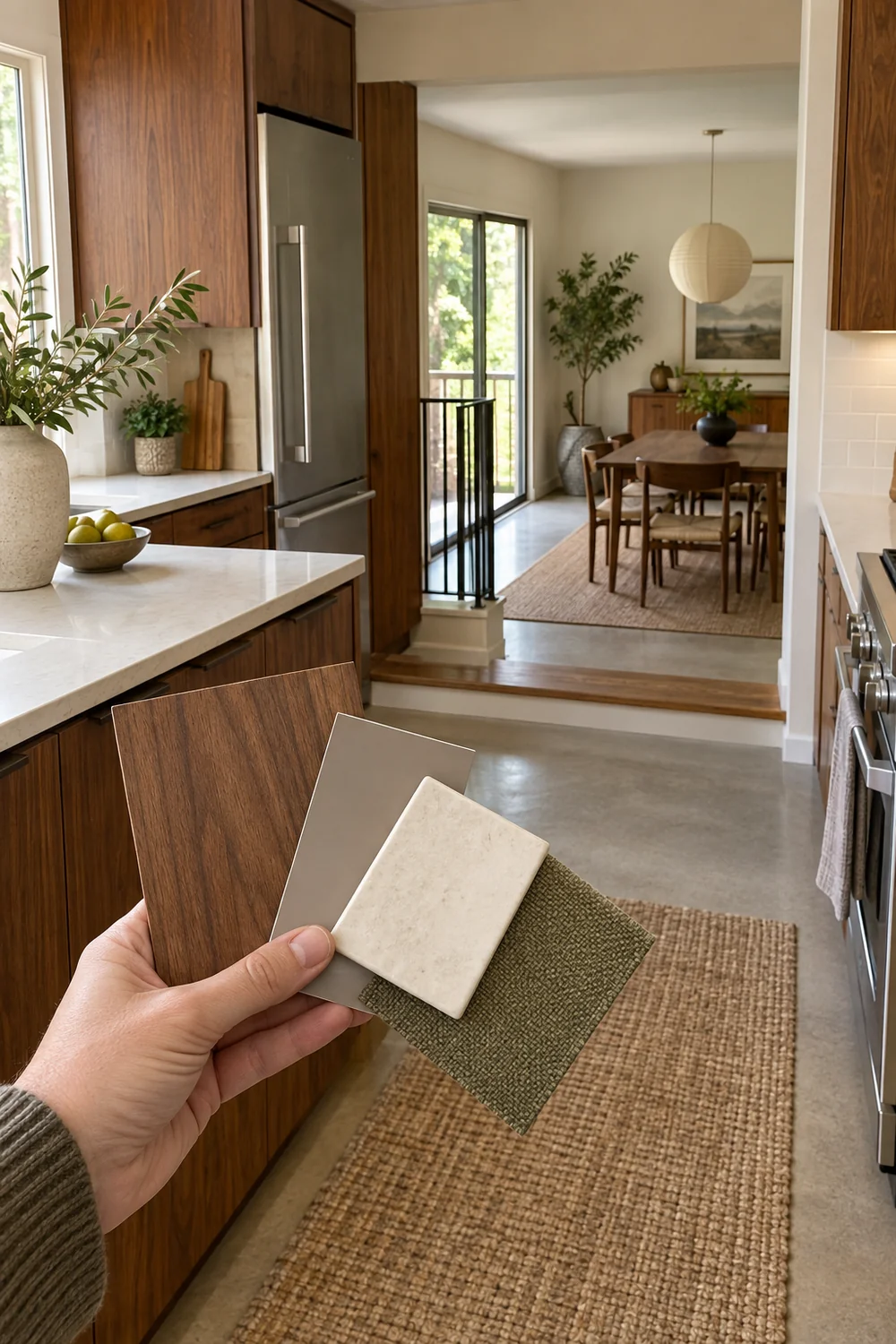Walnut tile paint and olive fabric samples held in a split level kitchen