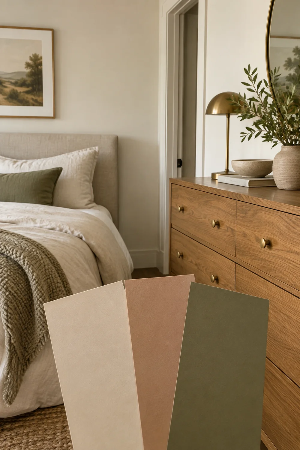Warm ivory clay and olive colour samples beside an oak bedroom dresser