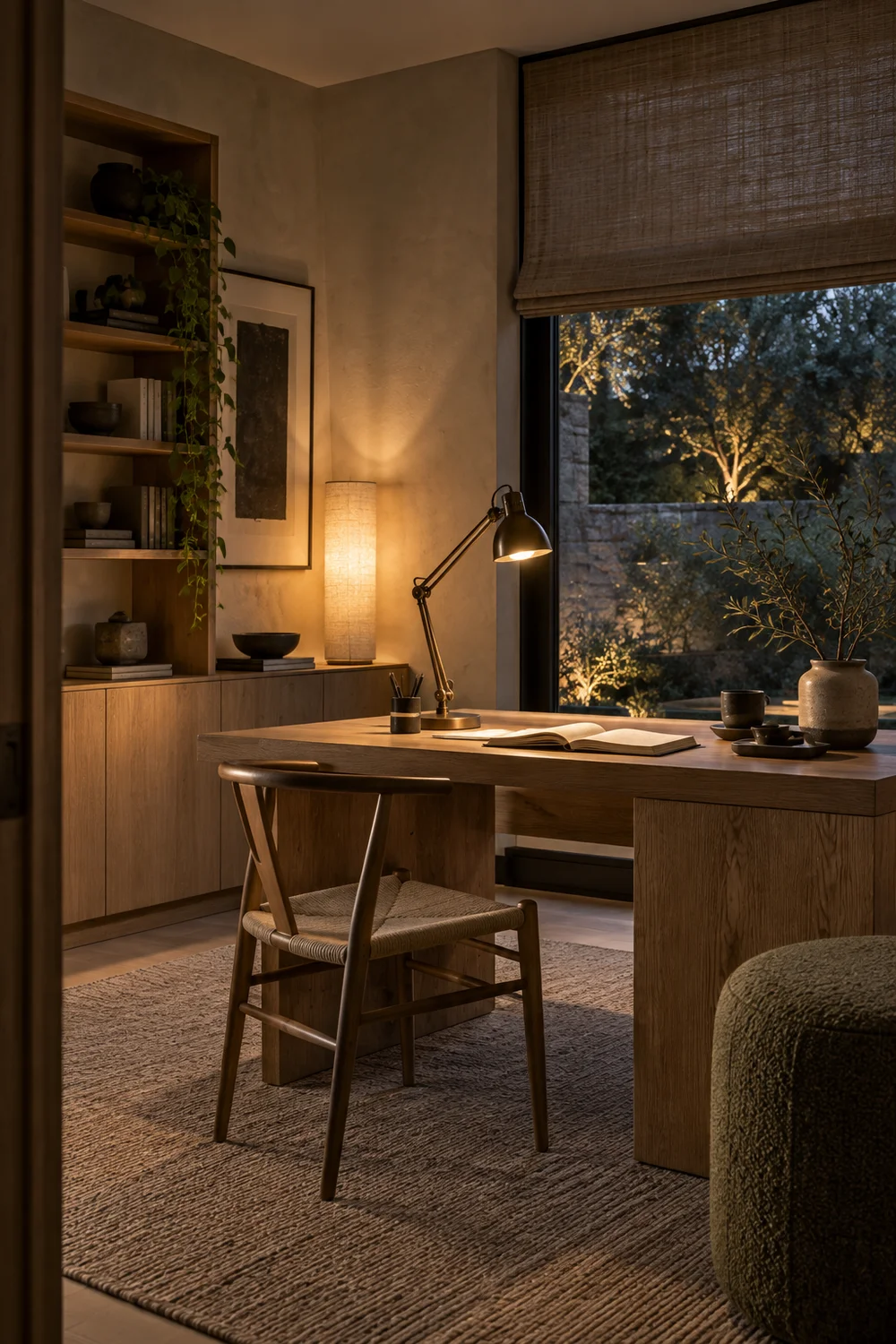 Warm layered lighting in a calm Japandi study room
