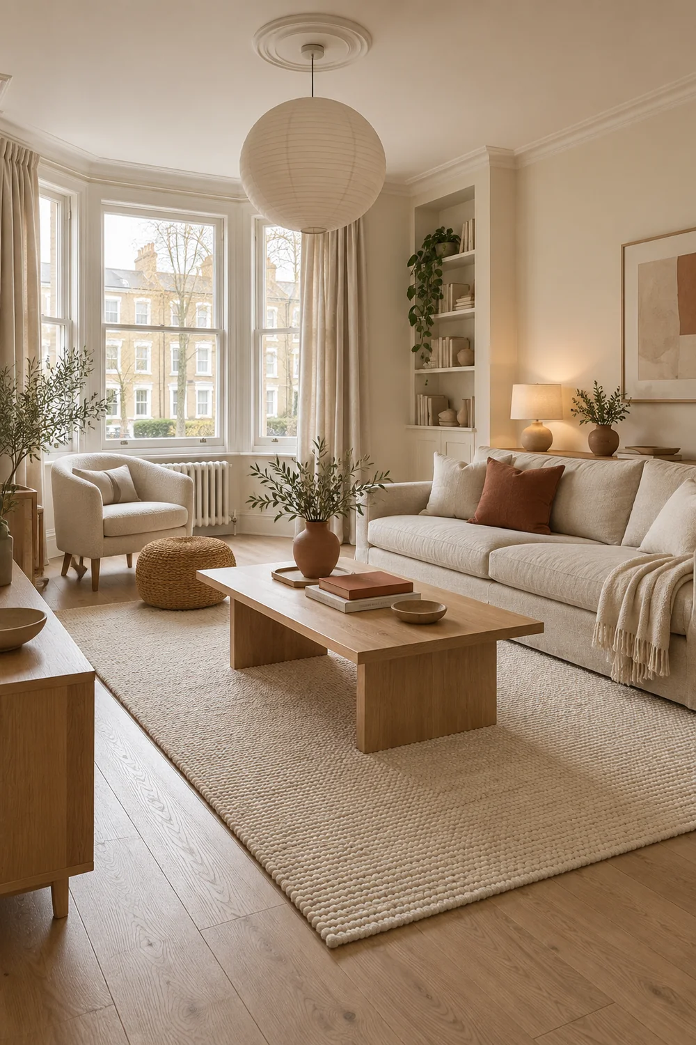 Warm modern living room with a restrained clay accent