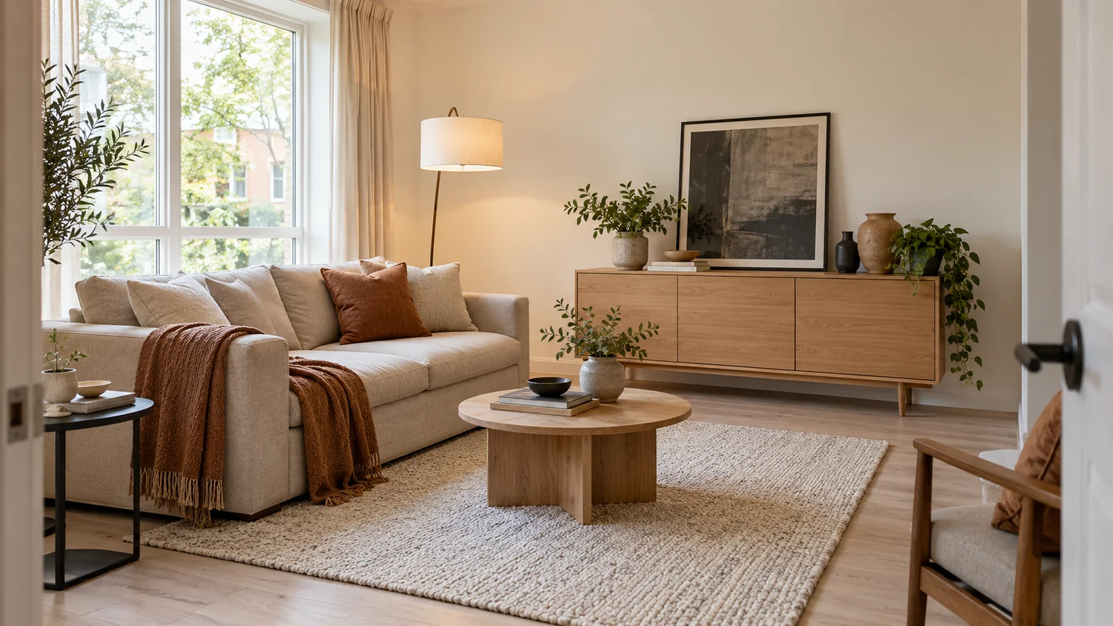 Warm modern rental living room with oat sofa and pale oak cabinet